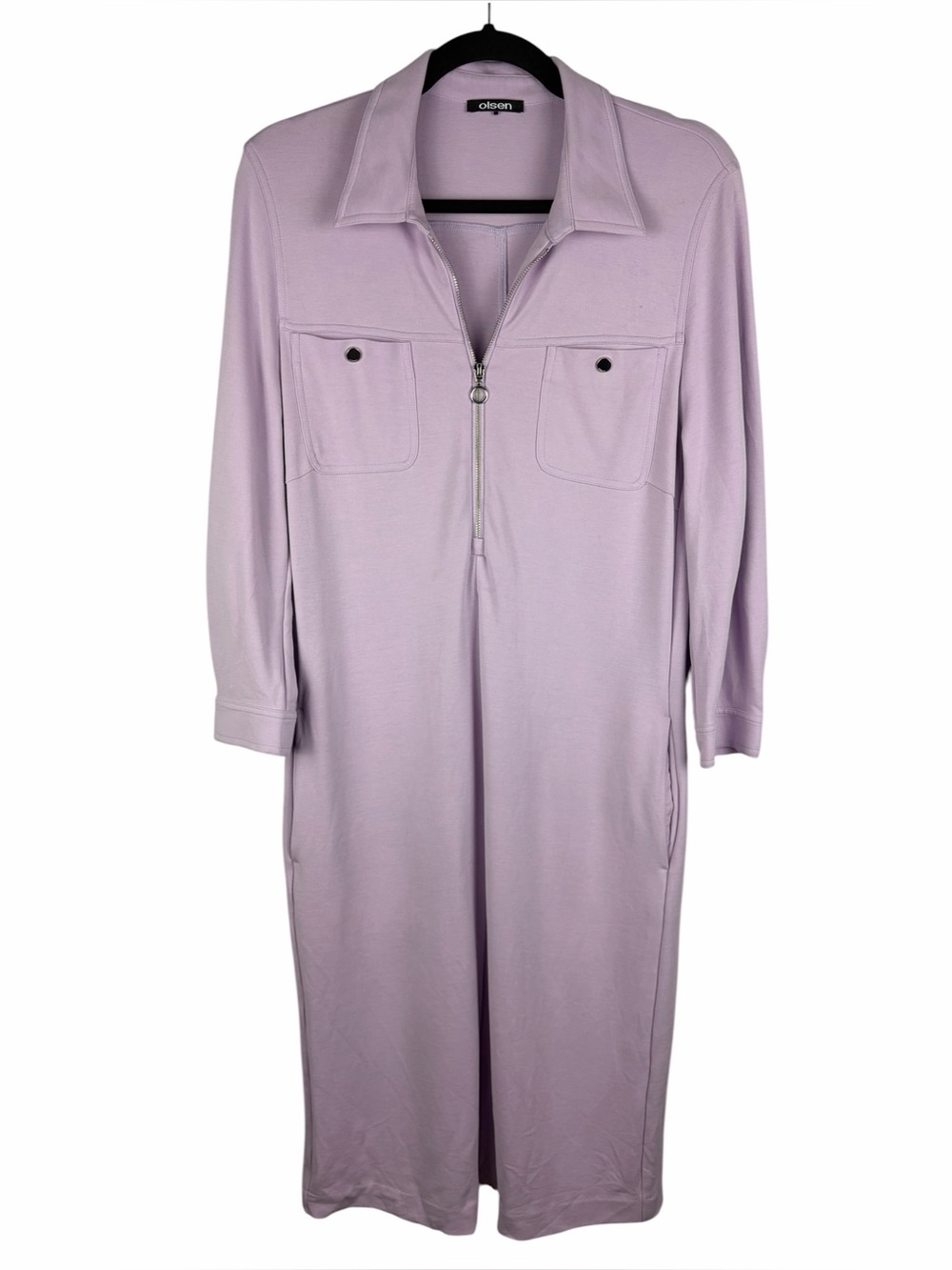 Olsen Lilac Purple Stretch Half Zip Midi Shirt Dress Utility Pockets Medium